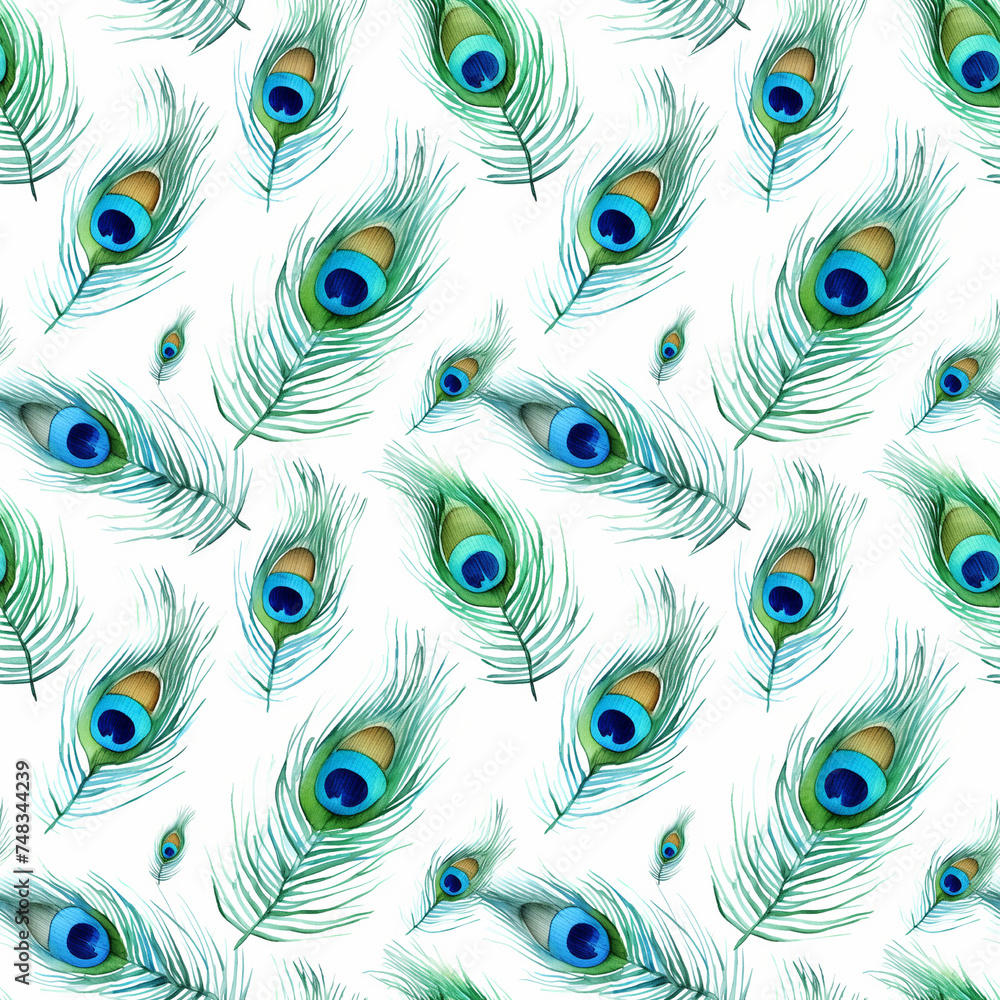 Obraz premium Watercolor Peacock Feather Seamless Pattern, Aquarelle Plumage, Watercolor Exotic Feather Tile