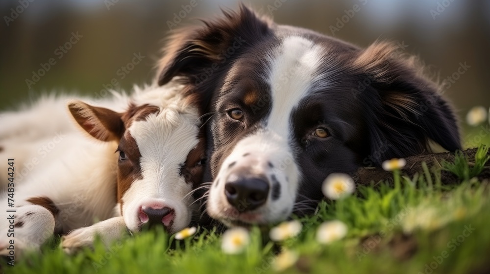 Lovely dog and cat cuddling on lush green grass under the sunny sky in beautiful spring nature scene
