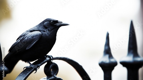 a black bird sitting on a metal fence