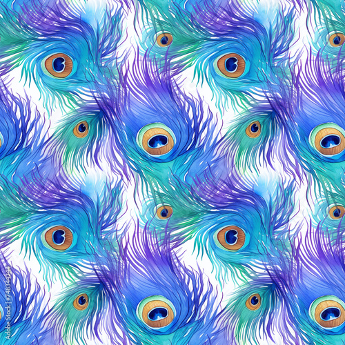 Watercolor Peacock Feather Seamless Pattern, Aquarelle Plumage, Watercolor Exotic Feather Tile