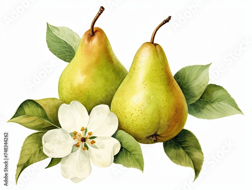 Fototapeta Naklejka Na Ścianę i Meble -  Watercolor Pear Isolated, Aquarelle Ripe Fruit and Flowers, Creative Watercolor Pears on White
