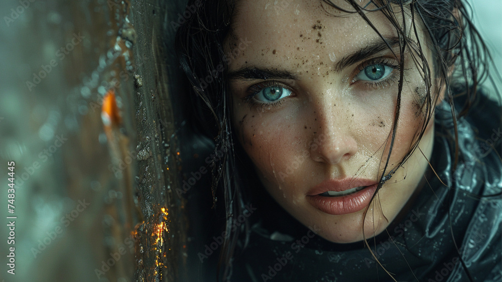 28 years old beautiful woman in a black outfit got cover behind a wall. She has sparkling blue eyes. Her face covered in mud. Midnight, only moonlight. Photography 28 years old beautiful woman in a black outfit got cover behind a wall. She has sparkling blue eyes. Her face covered in mud. Midnight, only moonlight. Photography
