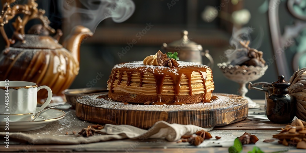 board with a delicious caramel cake on the table