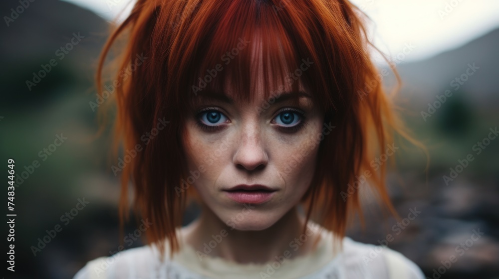 a woman with red hair and blue eyes a woman with red hair and blue eyes