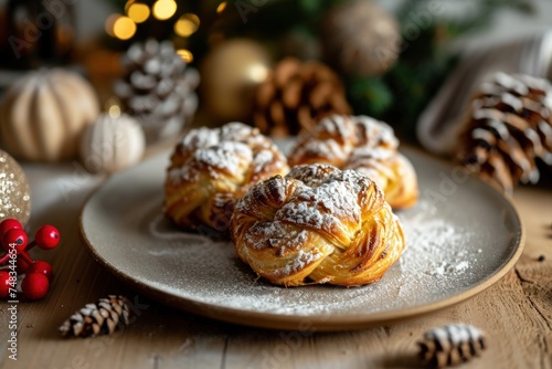 a plate of pastries with powdered sugar on it