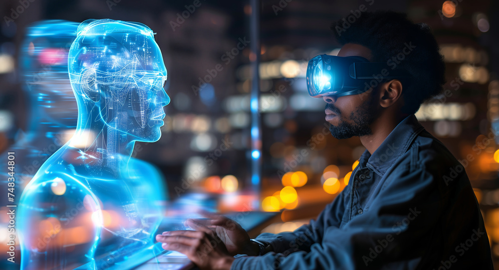 Futuristic interaction: man communicates via hologram, showcasing advanced VR technology