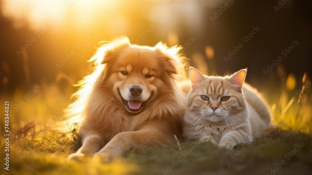Cute dog and cat lying together on lush green grass field in spring with sunny skies