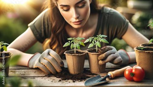 Close-up of woman gently planting tomato seedlings in biodegradable pots with gardening tools and ripe tomatoes in the background. Psychological well-being and the therapeutic benefits of gardening.