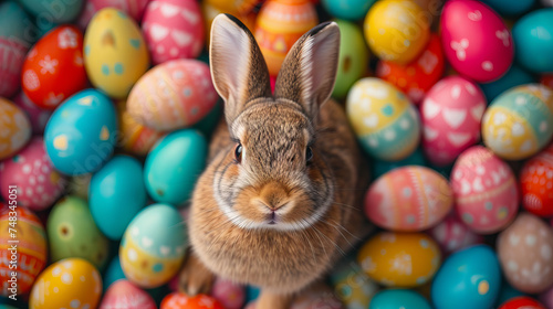 A cute bunny surrounded by colorful painted Easter eggs. This image is perfect for: easter celebrations, spring season, holiday decorations.