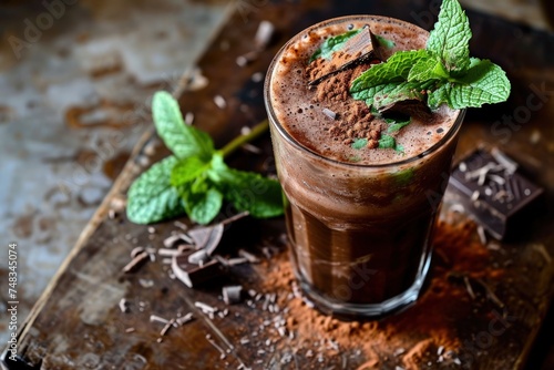 a glass of chocolate milkshake with mint leaves