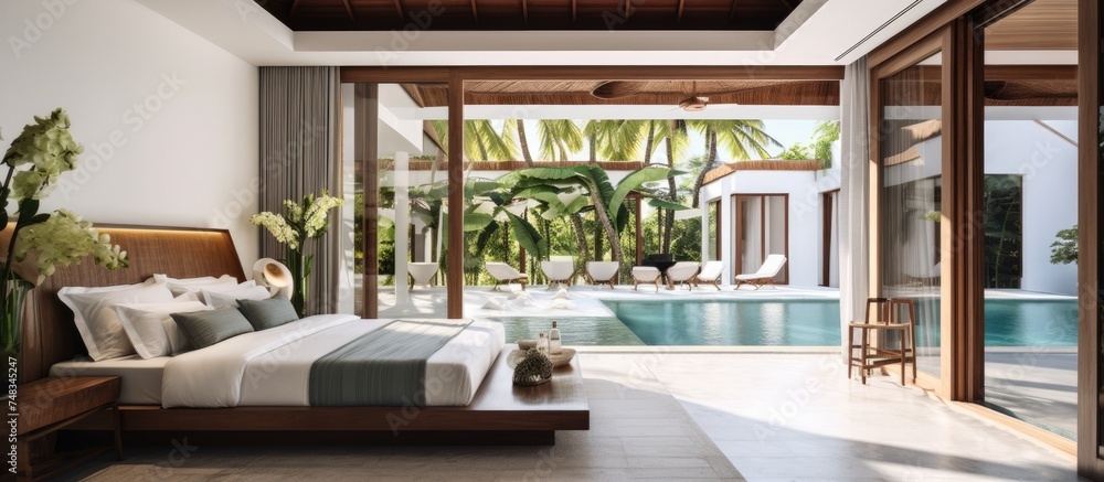 A luxurious bedroom with a large bed placed next to a sparkling swimming pool. The high raised ceiling adds to the spaciousness of the room, while roses on the bed provide a touch of elegance. A luxurious bedroom with a large bed placed next to a sparkling swimming pool. The high raised ceiling adds to the spaciousness of the room, while roses on the bed provide a touch of elegance.