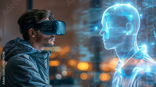 Holographic communication: man connects with another via VR, epitomizing cutting-edge tech © Emiliia