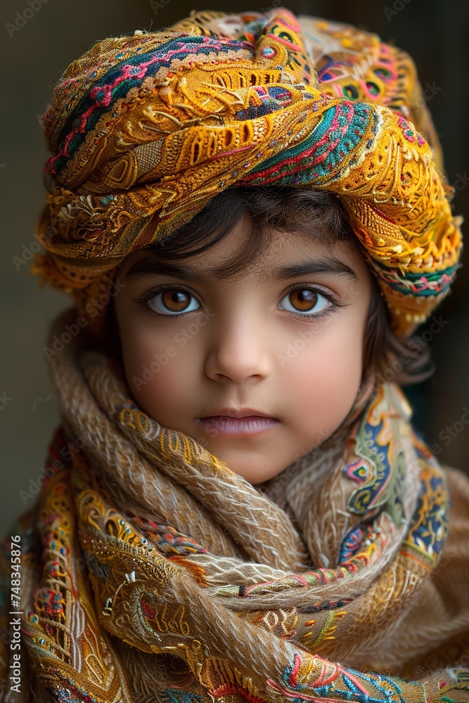 A portrait of an Arab child wearing traditional cultural attire. A beautiful child with a sweet and gentle look wearing Arabic clothes.