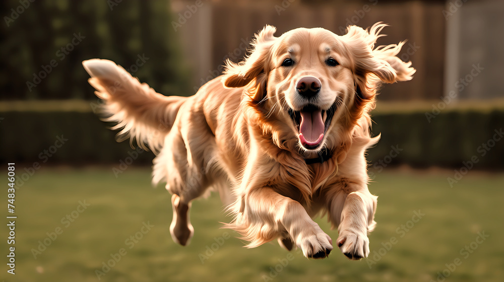 A joyful golden retriever mid-leap with its tongue out, giving the camera an energetic and happy expression.