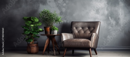 A stylish interior in loft style, featuring a gray textured plaster wall and untreated wood paneling. A comfortable leather armchair is placed next to a table holding a potted ornamental plant.