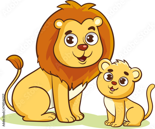 Canvas Print Vector Illustration of Cute Lion and baby lion Cartoon Character on White Backgr