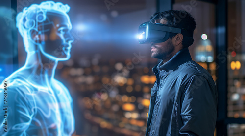 Digital connection: man communicates via hologram, highlighting future communication methods
