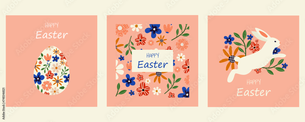 Vector easter greeting card. Happy Easter. Postcard with bunny, flowers, eggs. Set Hand drawn spring greeting cards. Minimalist greeting card with spring theme.