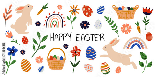 Vector Easter collection. Cute Easter set of elements on a white isolated background. Rabbits, eggs, flowers, plants. Spring set for poster, card, scrapbooking, stickers .