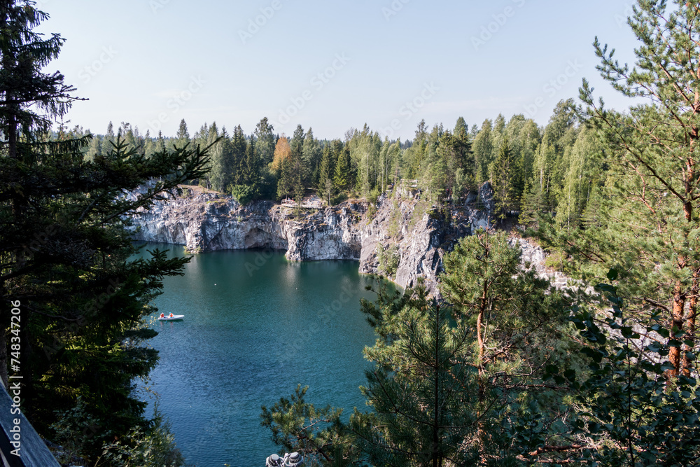 Fototapeta premium Marble canyon in the mountain park of Ruskeala, Karelia, Russia. Beautiful nature landscape 