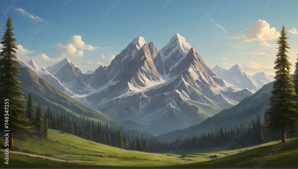 A breathtaking view of a majestic mountain range, with lush green grass and towering trees, set against a clear blue sky.
