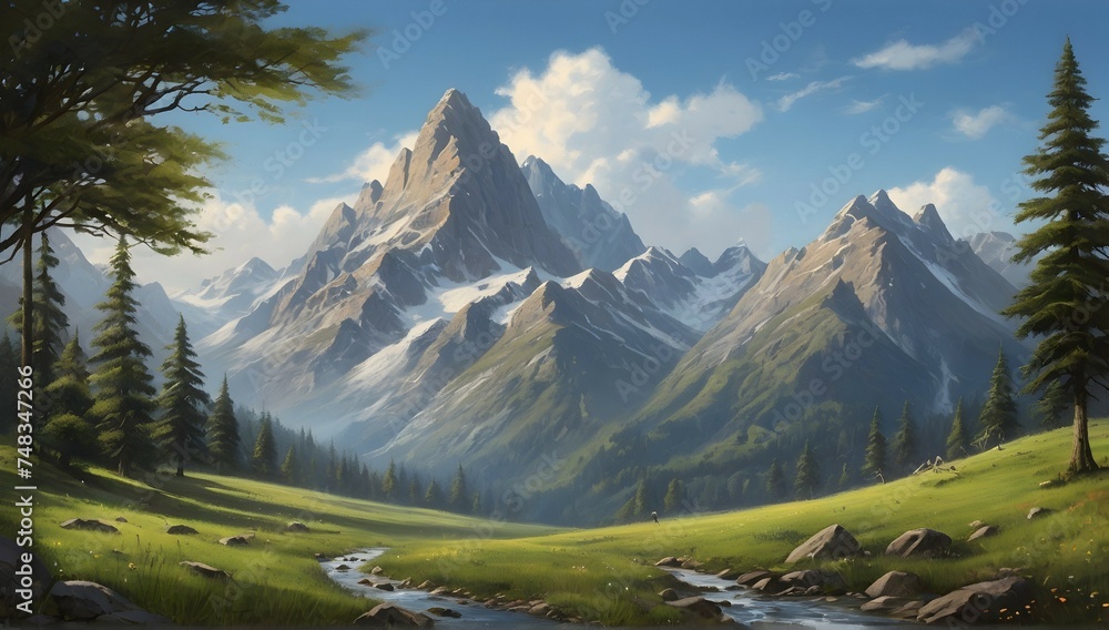 A breathtaking view of a majestic mountain range, with lush green grass and towering trees, set against a clear blue sky.