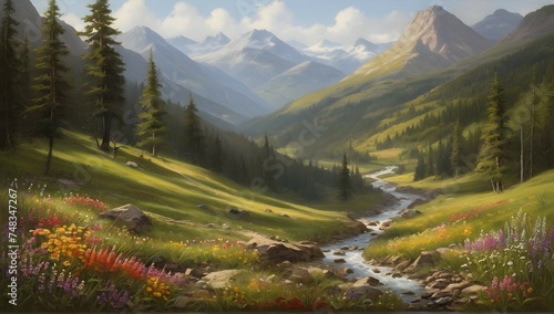 An idyllic scene of a peaceful mountain valley, surrounded by verdant forests and dotted with colorful wildflowers.