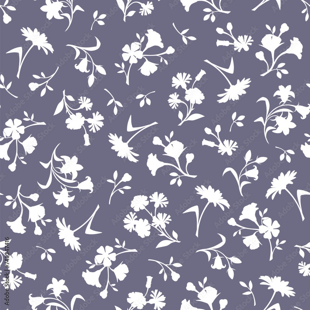 Seamless floral pattern with small white small flowers on a purple background. Vector floral print Seamless floral pattern with small white small flowers on a purple background. Vector floral print
