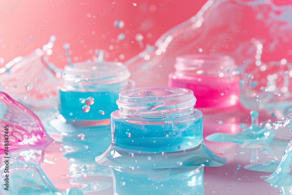 Facial beauty skin care cream. Skincare treatment products: eau de toilette lotion, skincare exercise gel, oil, pipette with wellness spa model serum and benzoyl peroxide jar pot Facial beauty skin care cream. Skincare treatment products: eau de toilette lotion, skincare exercise gel, oil, pipette with wellness spa model serum and benzoyl peroxide jar pot