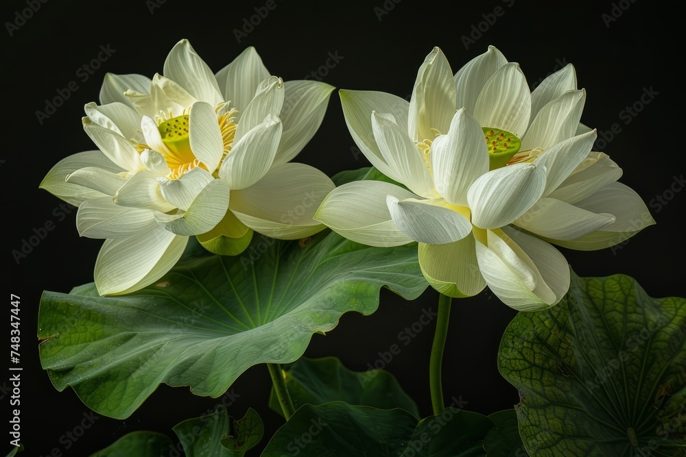 White lotuses or water lilies on a black background White lotuses or water lilies on a black background