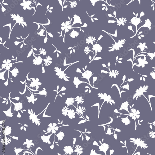 Seamless floral pattern with small white small flowers on a purple background. Vector floral print