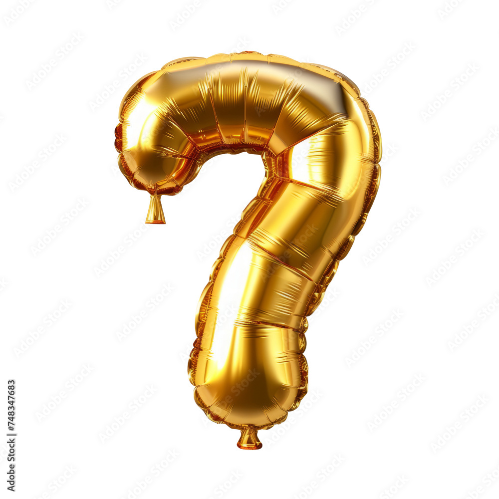 Set of numbers from gold color balloons. Gold-colored balloons form the number saven isolated in a transparent background. Made with Generative AI.