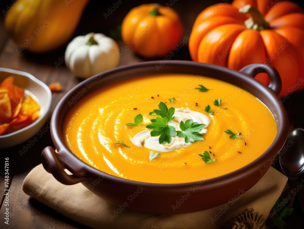 Pumpkin Cream Soup, Orange Autumn Dinner, Squash Soup Puree, Healthy Pumpkin Lunch Pumpkin Cream Soup, Orange Autumn Dinner, Squash Soup Puree, Healthy Pumpkin Lunch