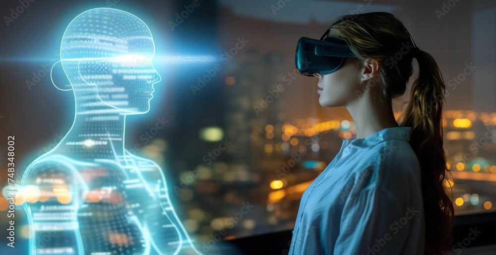 Future communication: woman connects through VR with hologram Future communication: woman connects through VR with hologram