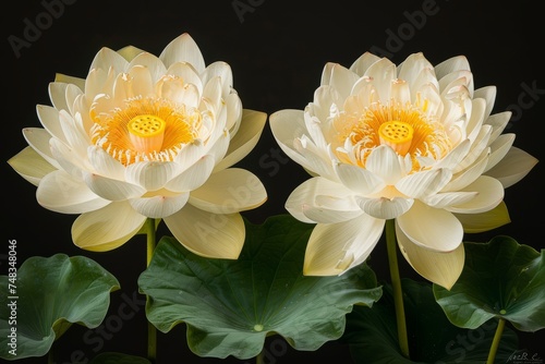 White lotuses or water lilies on a black background