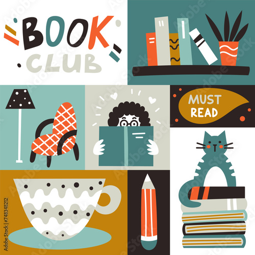 Vector modern illustration. Book club poster with cute cartoon design elements. 
