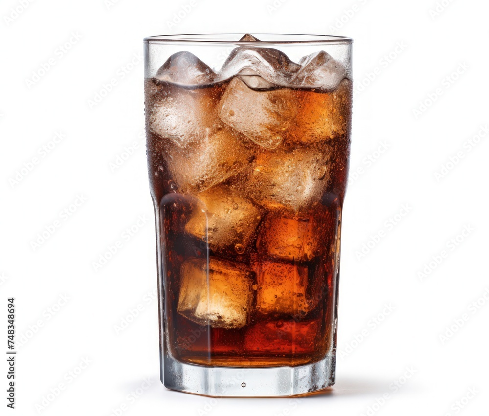 a glass of ice and cola