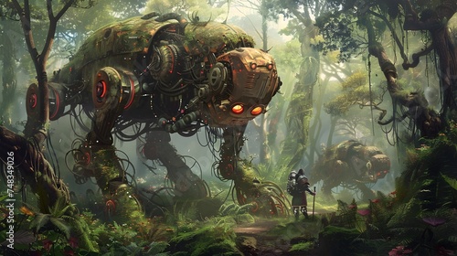 Giant Robot Walking in the Forest Futuristic Fantasy Art
