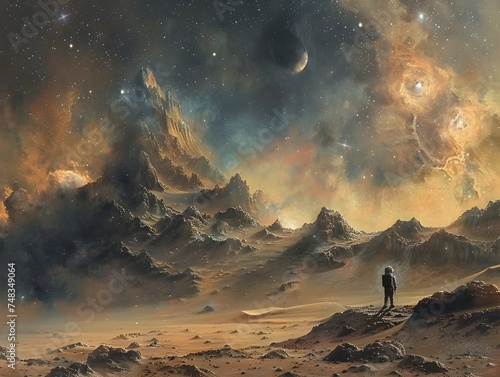 Man Standing on a Desert Planet in an Alien Landscape