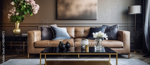 The living room is adorned with various furniture pieces such as a coffee table and a modern sofa. A painting hangs on the wall, adding a touch of artistry to the room.