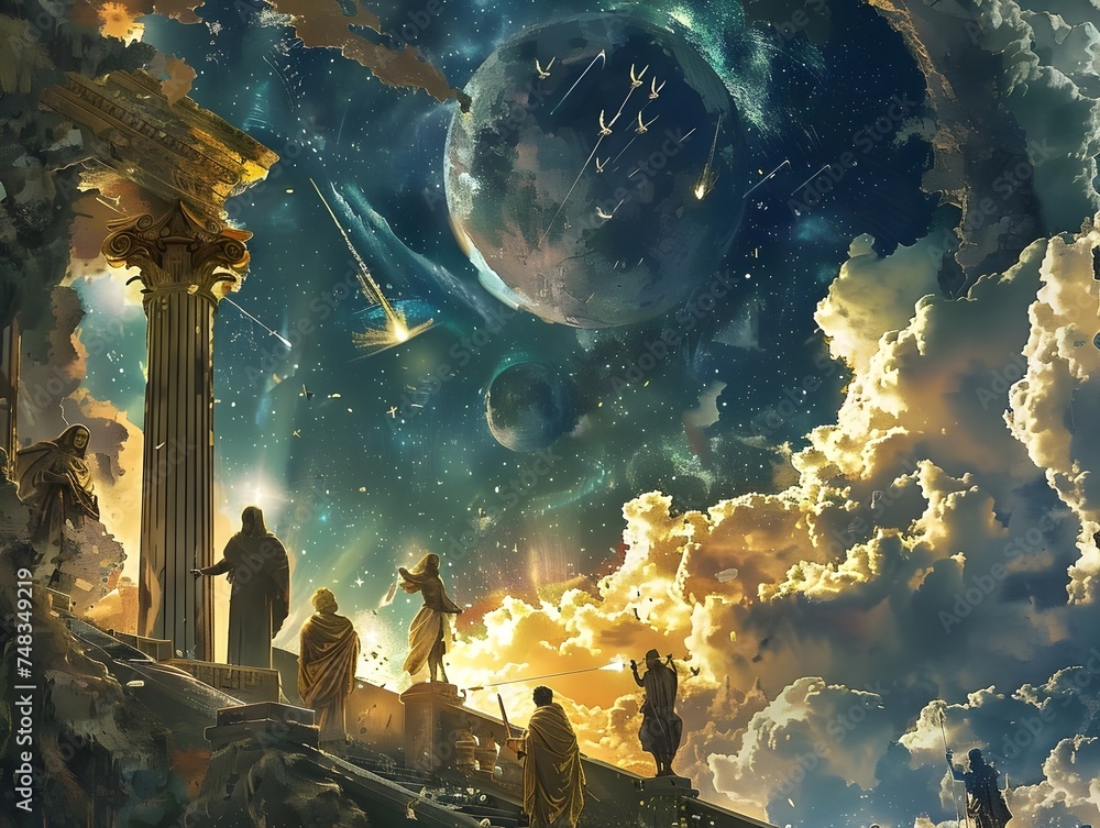People Gaze upon the Ancient Heavens in Apocalyptic Futuristic Art