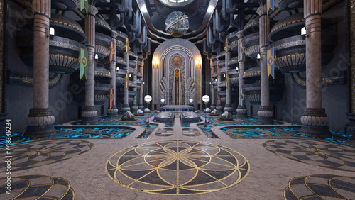 Huge fantasy alien palace or guildhall building interior. 3D render. photo