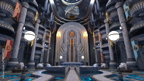 Sci-fi fantasy alien conference hall interior with ornate decoration and high balconies. 3D render. photo