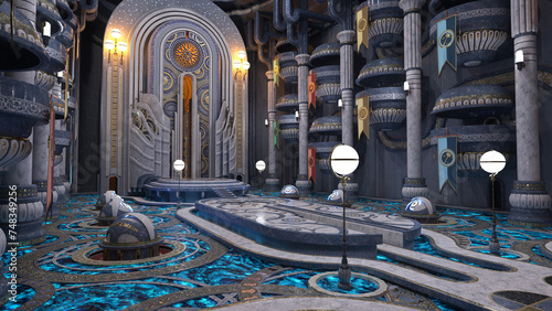 Tableau sur toile Balconies overlook a stage in a huge science fiction fantasy alien building interior