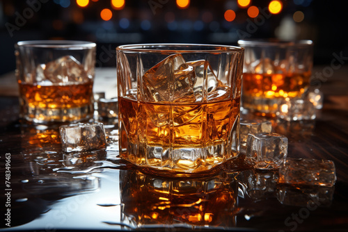 Whiskey, scotch, cognac, brandy, booze ice cube coctail liquor rum drinking high alcohol irish nightclub spirit glass. banner copy space poster background