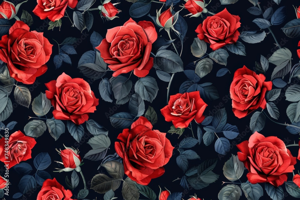 Red Roses Top View Seamless Pattern, Lush Roses Endless Tile High-Quality Photo, Copy Space Red Roses Top View Seamless Pattern, Lush Roses Endless Tile High-Quality Photo, Copy Space