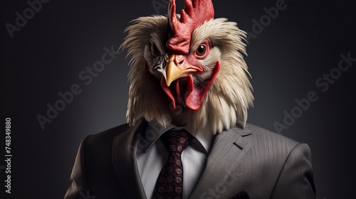 Portrait of a surreal rooster in a business style jacket. Anthropomorphism