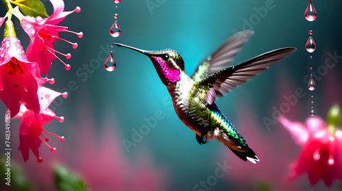 A hummingbird hovers gracefully in mid-air, approaching vibrant pink flowers, with water droplets suspended around it.