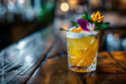 a drink with flowers on top of it