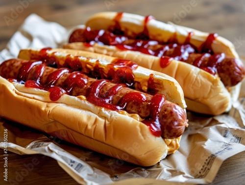 a group of hot dogs with ketchup on them photo